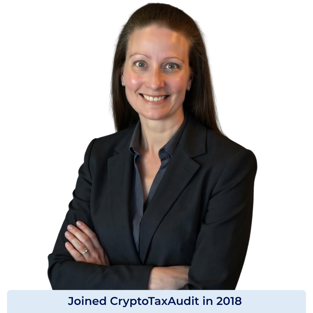 Portrait of Sarah, CPA and Director of Tax at CryptoTaxAudit, smiling, wearing a black turtleneck against a light blue background. Joined CryptoTaxAudit in 2018.