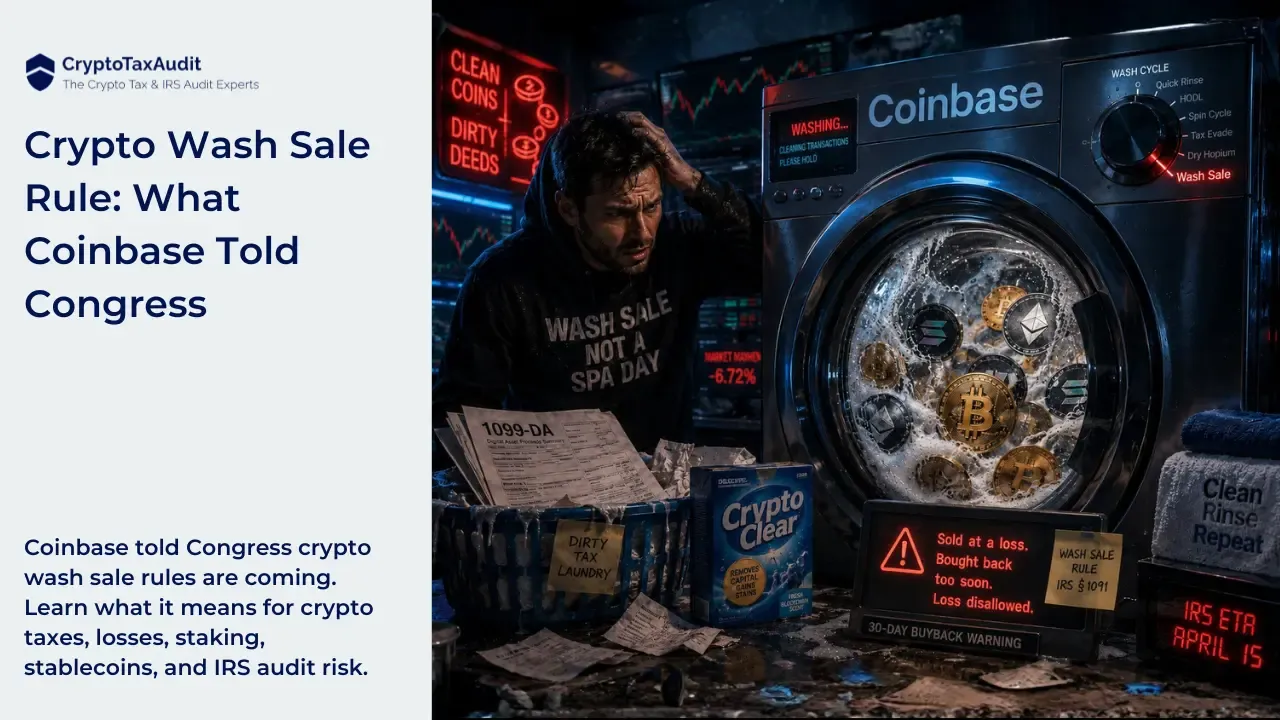 CryptoTaxAudit blog graphic with the CryptoTaxAudit shield logo and tagline “The Crypto Tax & IRS Audit Experts” in the top left. Large headline text reads “Crypto Wash Sale Rule: What Coinbase Told Congress.” Below it, smaller text says: “Coinbase told Congress crypto wash sale rules are coming. Learn what it means for crypto taxes, losses, staking, stablecoins, and IRS audit risk.” On the right, a dark cinematic crypto laundromat scene shows a stressed trader beside a large washing machine labeled “Coinbase.” Inside the washer, Bitcoin, Ethereum, Solana, and other crypto coins spin through soapy water. A control dial is set to “Wash Sale.” Nearby are a 1099-DA tax form, a basket labeled “Dirty Tax Laundry,” a detergent box labeled “Crypto Clear,” trading screens with red market charts, and a warning display that says “Sold at a loss. Bought back too soon. Loss disallowed.” A red digital sign reads “IRS ETA April 15.”
