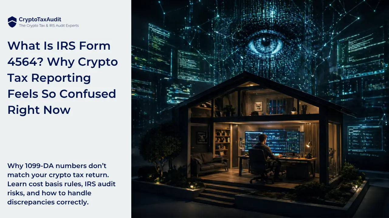 CryptoTaxAudit banner image showing the text “What Is IRS Form 4564? Why Crypto Tax Reporting Feels So Confused Right Now” and “Why 1099-DA numbers don’t match your crypto tax return. Learn cost basis rules, IRS audit risks, and how to handle discrepancies correctly.”   On the right side, a crypto trader sits at a desk inside a modern glass house at night, working on multiple monitors displaying trading charts and data. Surrounding the house is a digital network environment with floating code, data panels, and a large glowing eye in the background, representing surveillance and IRS monitoring of crypto activity.