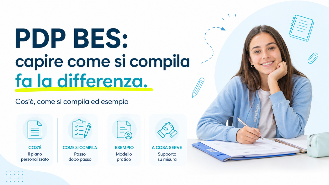 Bisogni Educativi Speciali BES con ragazzo che studia e messaggio sul metodo giusto