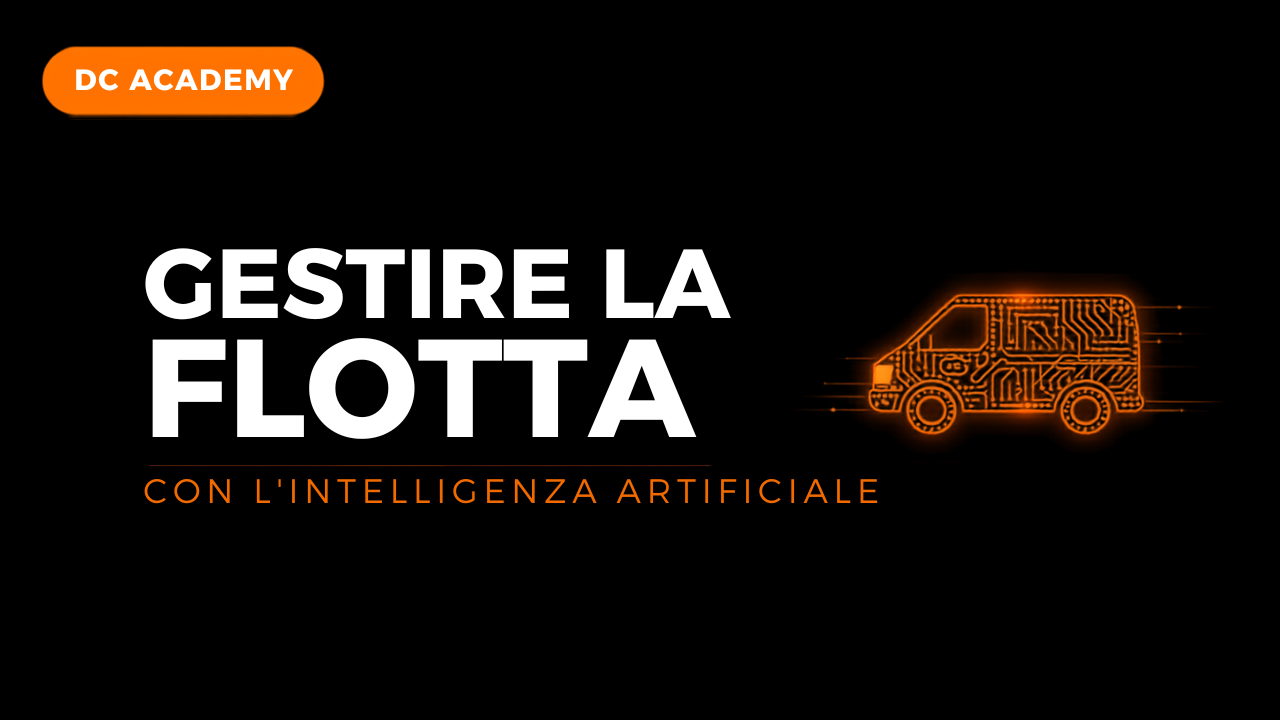 Furgone aziendale disegnato come circuito luminoso arancione, cover gestione flotta con intelligenza artificiale