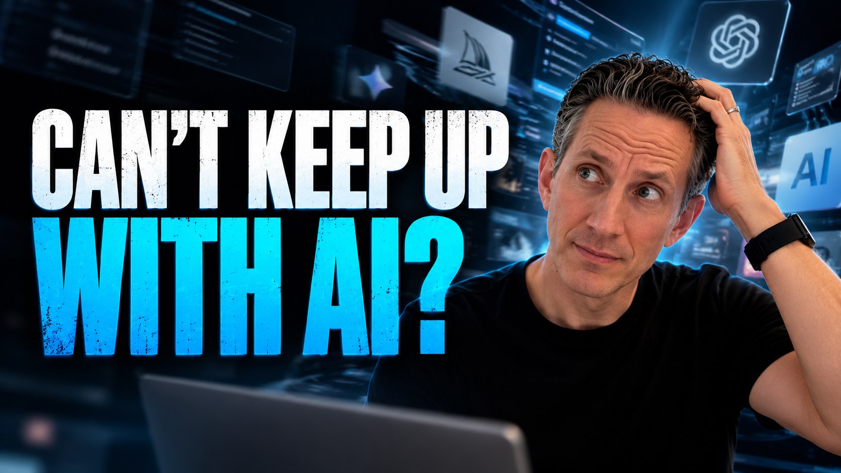 Ryan Nichols beside the words “Can’t keep up with AI?”