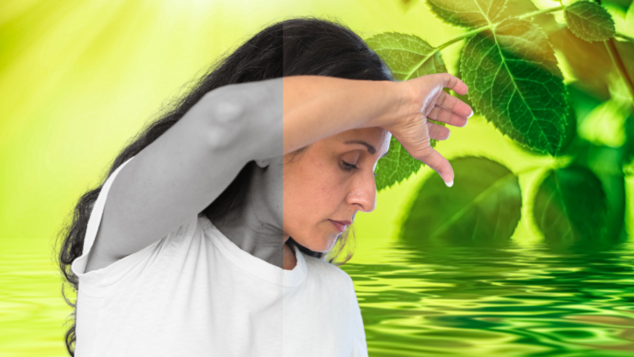 A woman doing qigong. her left side is black and white on a plain green background. Her left side is color on a background with leave and water.