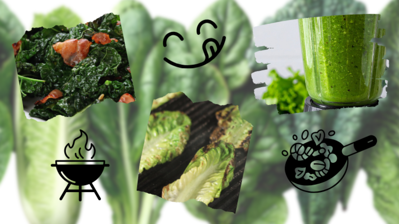 raw leafy greens in the background with samples of sautéed, grilled, or blended greens plus an icon of a grill with fire and a frying pan cooking greens
