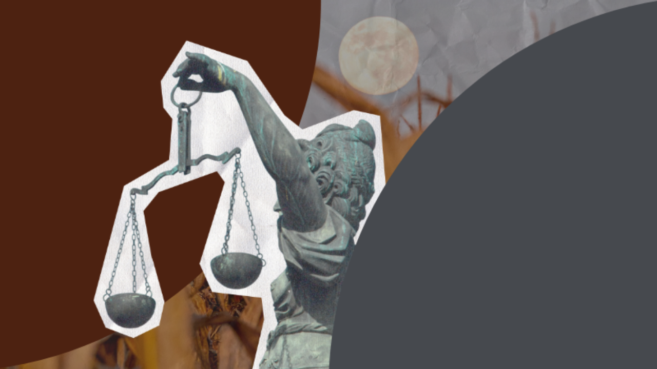 Paper-textured Autumn moon over a field of dried corn husks in the background with 2 overlapping quarter circles of reddish brown and slate gray with a cutout of a Lady Justice statue holding her scales