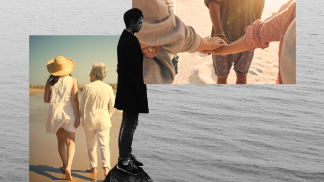 Black and white image of a lone person standing on a rock in front of the ocean with color pictures of 2 women walking on the beach and another with a three of friends with their hands-in.