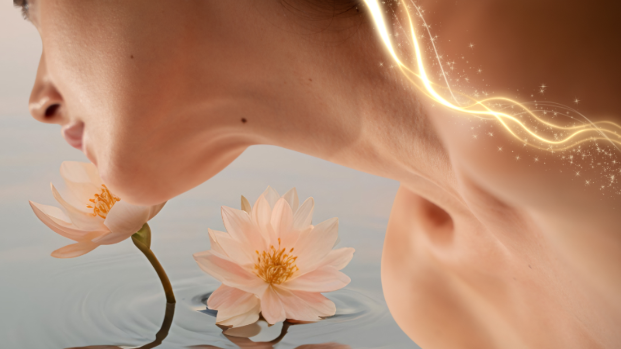 woman floating over lotuses in water with lightening representing vagus nerve