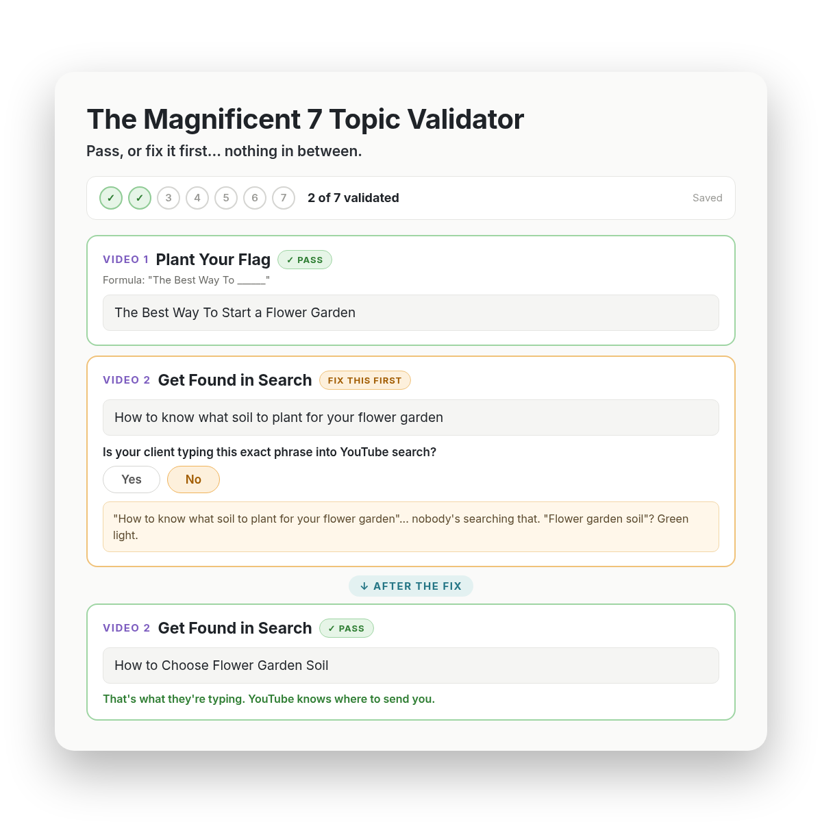 The Magnificent 7 Topic Validator showing a Video 2 topic fixed and passed