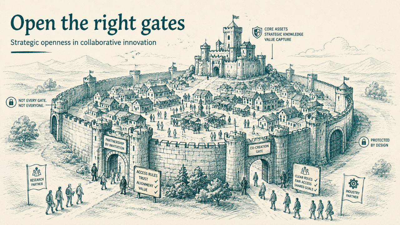 Medieval city with selected open gates as a metaphor for strategic openness in collaborative innovation