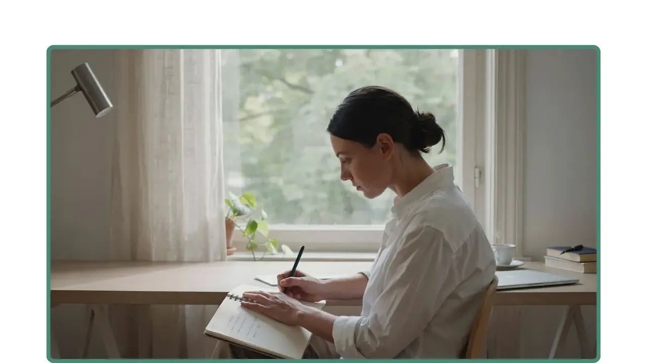 Mujer escribiendo en un cuaderno junto a una ventana, en un momento de reflexión personal para recuperar confianza y avanzar.