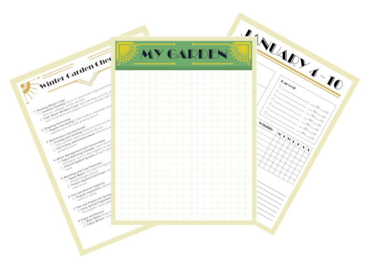 Three garden planning sheets with different sections on a white background