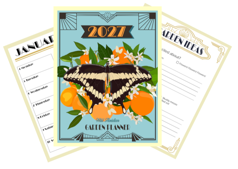 A 2027 garden planner cover design featuring a large black and cream butterfly over oranges, white flowers, and green leaves on a light blue background with an Art Deco border.