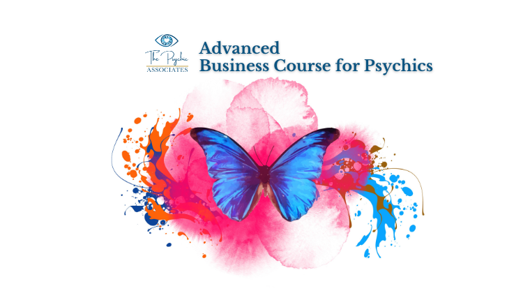 The Psychic Associates Advanced Business Course a blue butterfly with a red multi coloured background