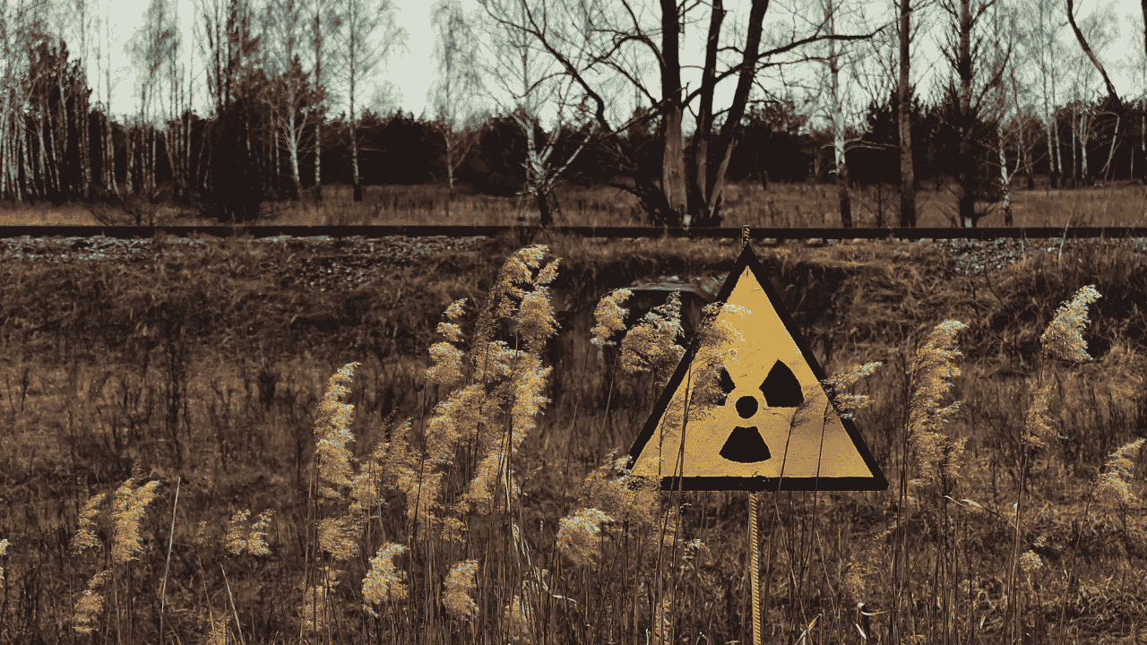 A brown field that looks dead in the foreground, with dead brown trees in the background. A yellow and black triangular sign sits in the foreground—the common sign to indicate radiation exposure.