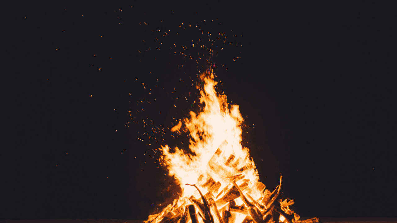 A bright orange bonfire burns in the center of a vast sea of pitch black night, representing the idea of inflammation.