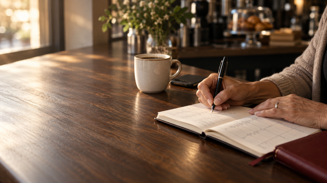A woman’s hands writing in a journal beside a coffee at a café bar in soft morning light.