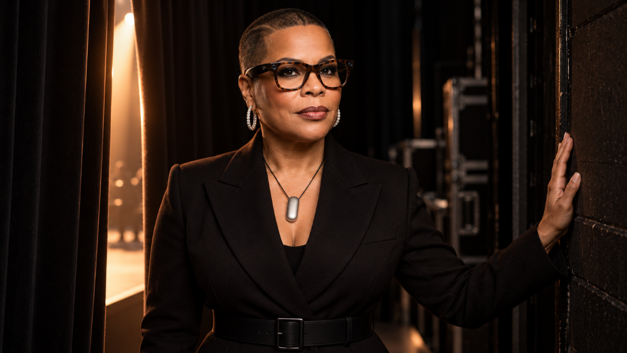 Marki Lemons Ryhal in a backstage corridor wearing smart glasses and a recording pendant, calm before a keynote.