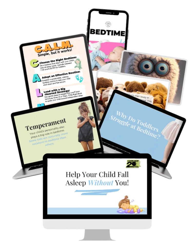 Slides from the Help Your Child Fall Asleep Without You lessons, including the C.A.L.M. method
