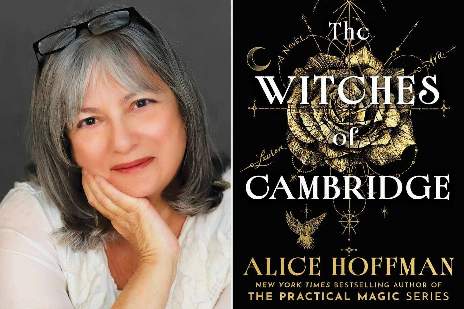 Alice Hoffman, author portrait, beside the cover of The Witches of Cambridge