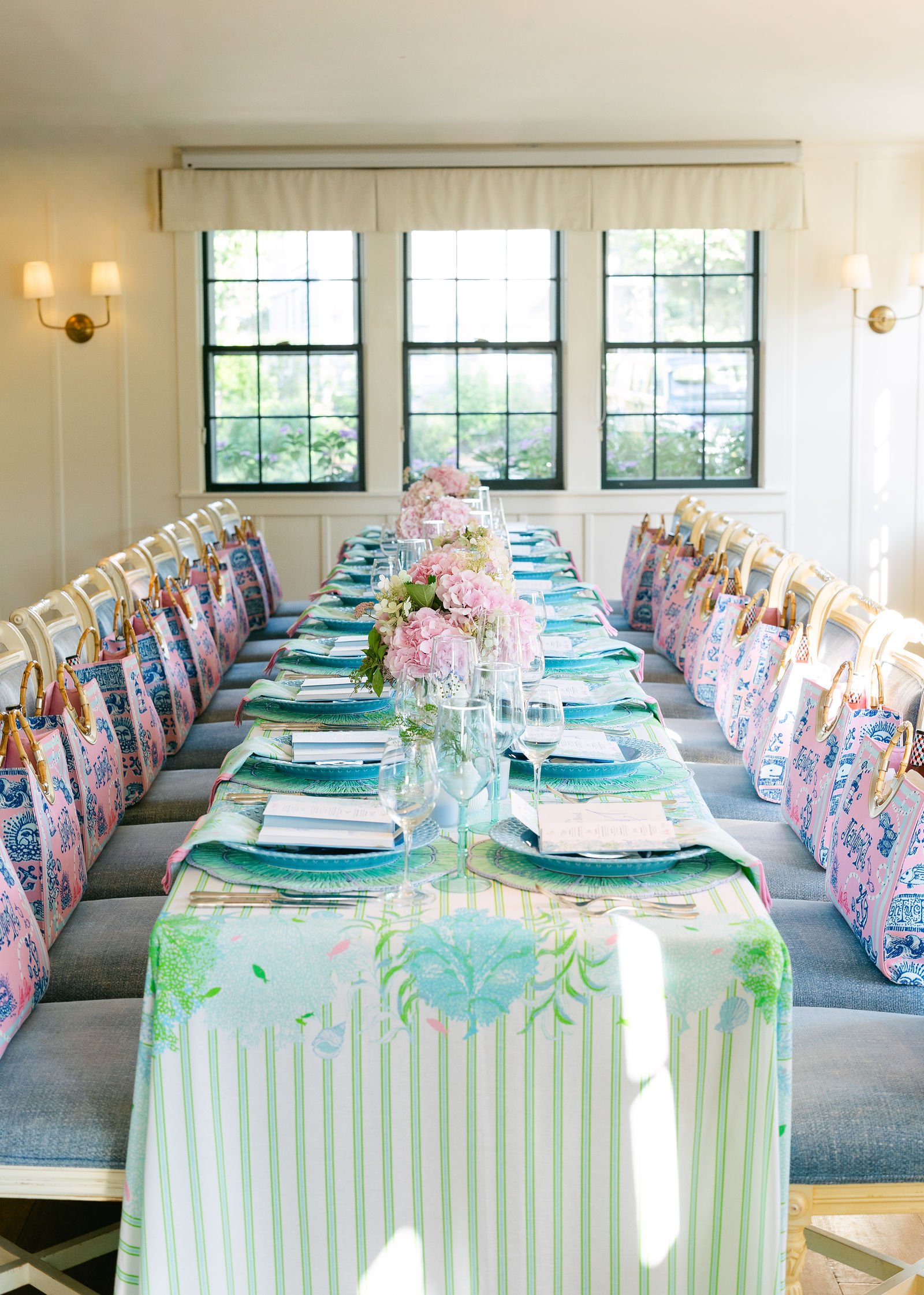 The dinner table set with Lilly Pulitzer totes at our Nantucket evening