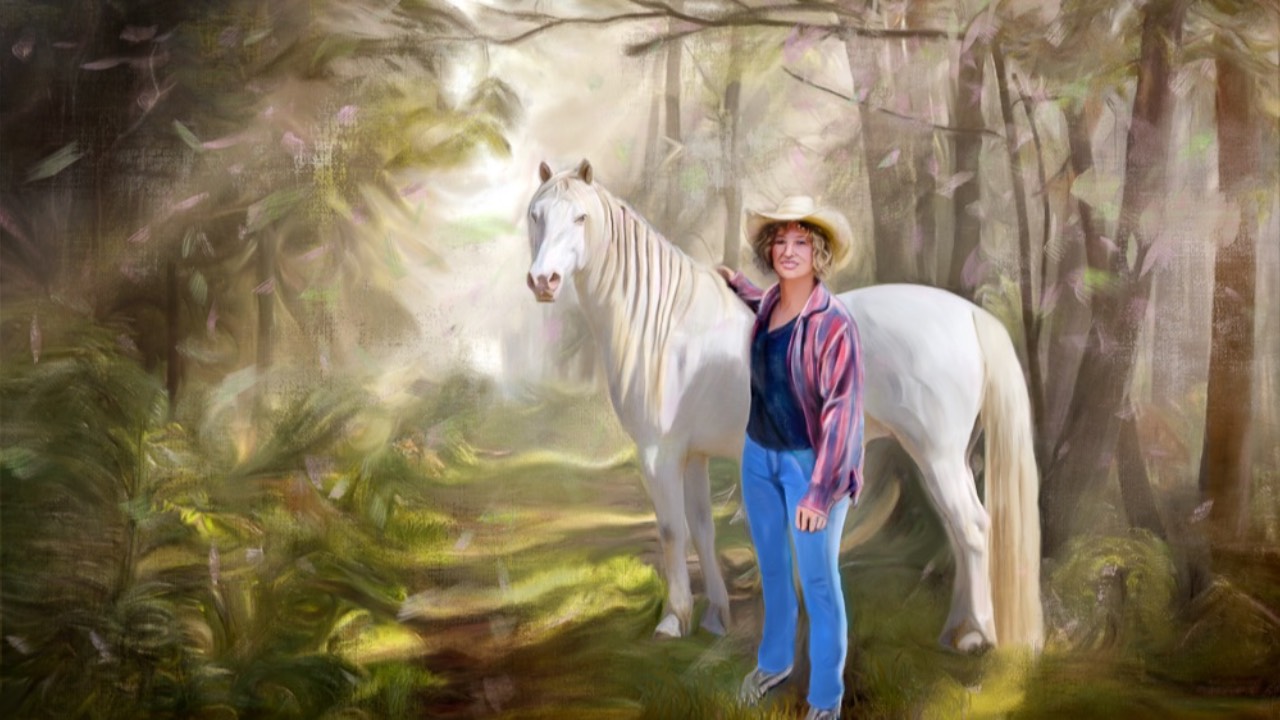 Woman with horse on path
