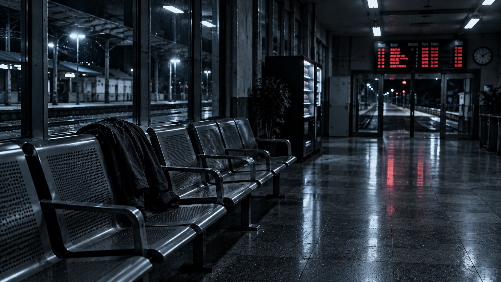 Sala d'attesa di una stazione di notte: sedie di metallo vuote, una sola con un giubbotto appoggiato; in fondo il display degli orari con le cifre rosse.