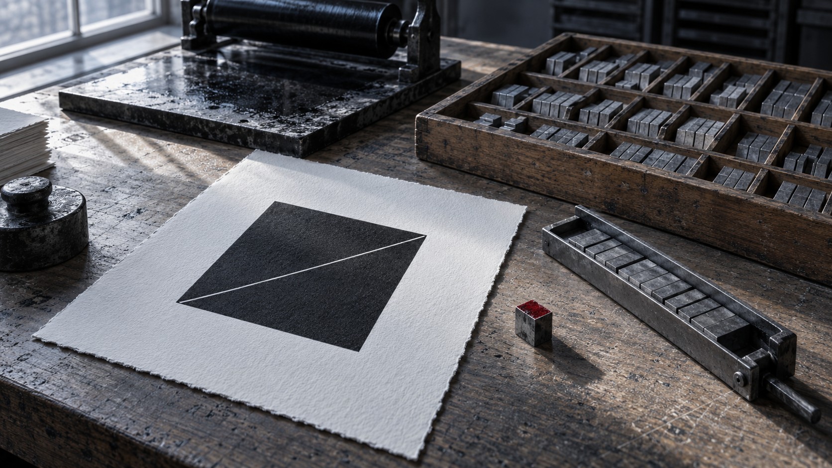 Banco di stamperia a caratteri mobili al mattino: un foglio con un quadrato nero e una linea bianca, caratteri di piombo, uno solo inchiostrato di rosso.