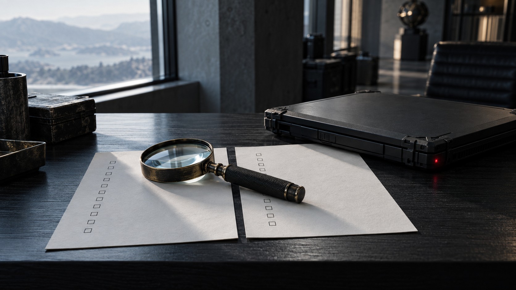 Bancone nero in luce di finestra: una lente robusta su due fogli affiancati con due colonne di tacche vuote; accanto un laptop rugged chiuso, un solo LED rosso.