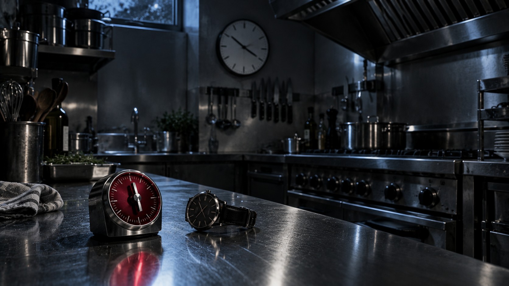 Cucina professionale in acciaio di notte: un timer rosso sul piano, un orologio da polso appoggiato accanto e un orologio a parete che segna un'altra ora.