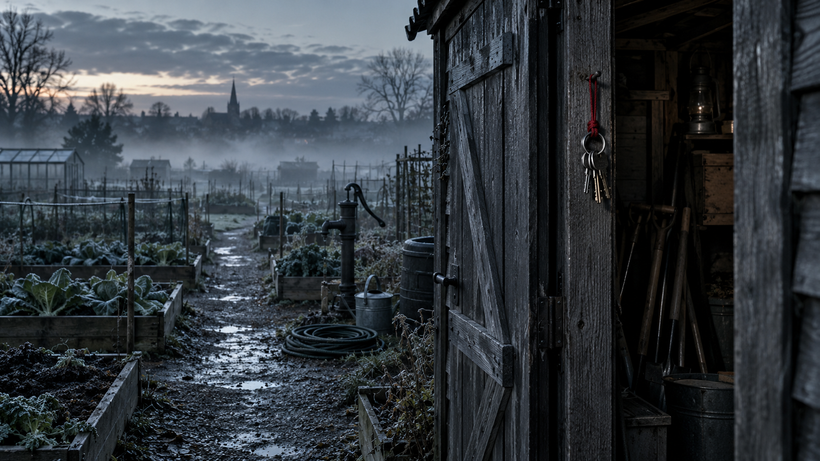 Orto condiviso all'alba nella nebbia: il capanno degli attrezzi con la porta socchiusa e un mazzo di chiavi appeso allo stipite, con il cordino rosso.