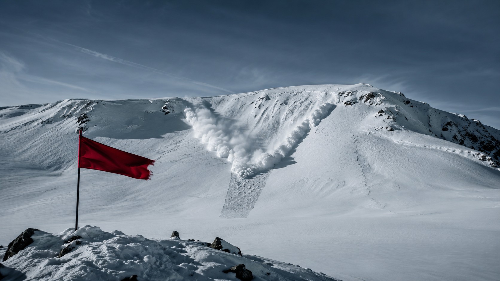 Pendio innevato in pieno sole: una piccola valanga controllata scivola in alto, il resto della neve è intatto; sul crinale, una bandiera rossa tesa dal vento.