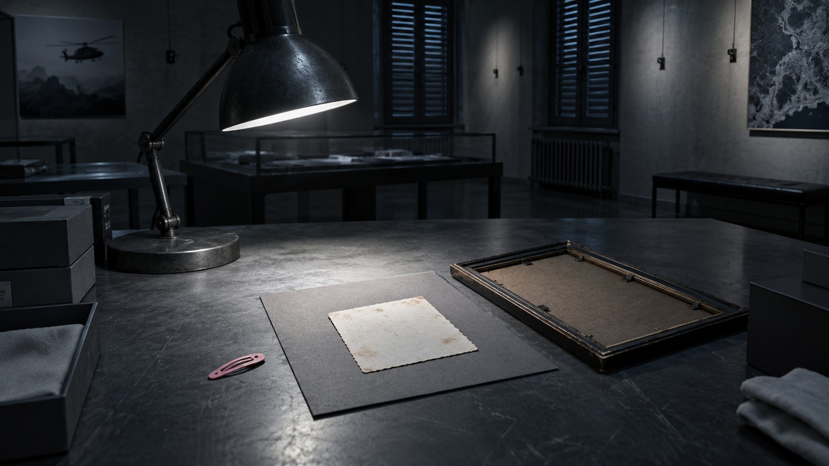 Tavolo di una saletta chiusa: una piccola foto in bianco e nero a faccia in giù su un cartoncino grigio, una lampada; accanto un fermaglio per capelli rosa.