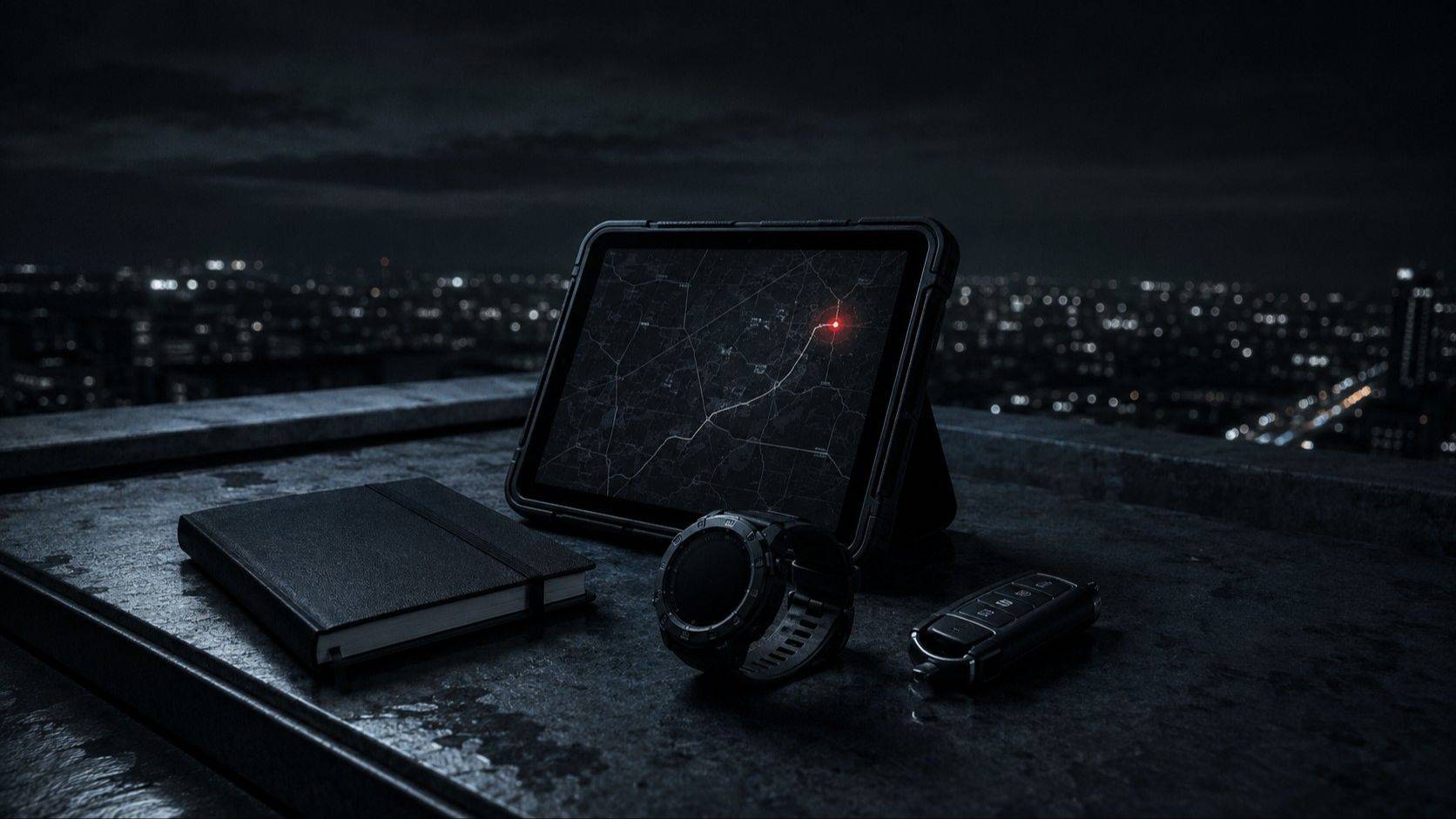 Tablet rugged su un parapetto di notte: mappa scura con un solo indicatore rosso; accanto taccuino, orologio e chiave auto, città sfocata sotto.