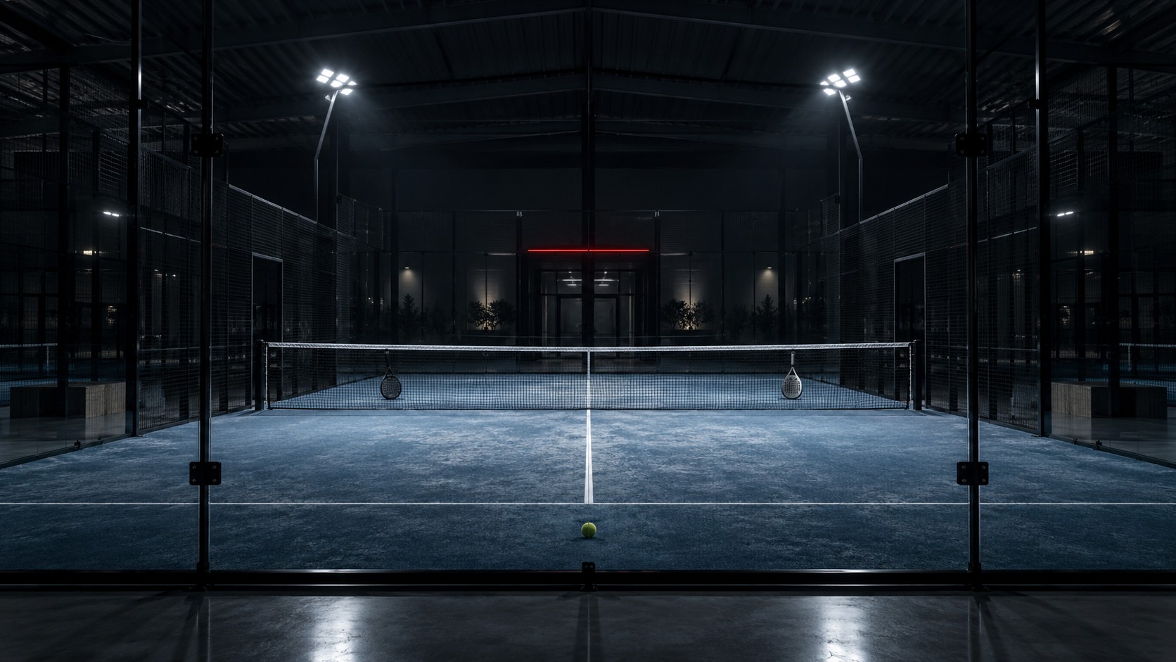 Centro padel coperto di sera, un solo campo illuminato e gli altri al buio; due racchette alla rete, una pallina sulla riga; striscia rossa sopra la porta.