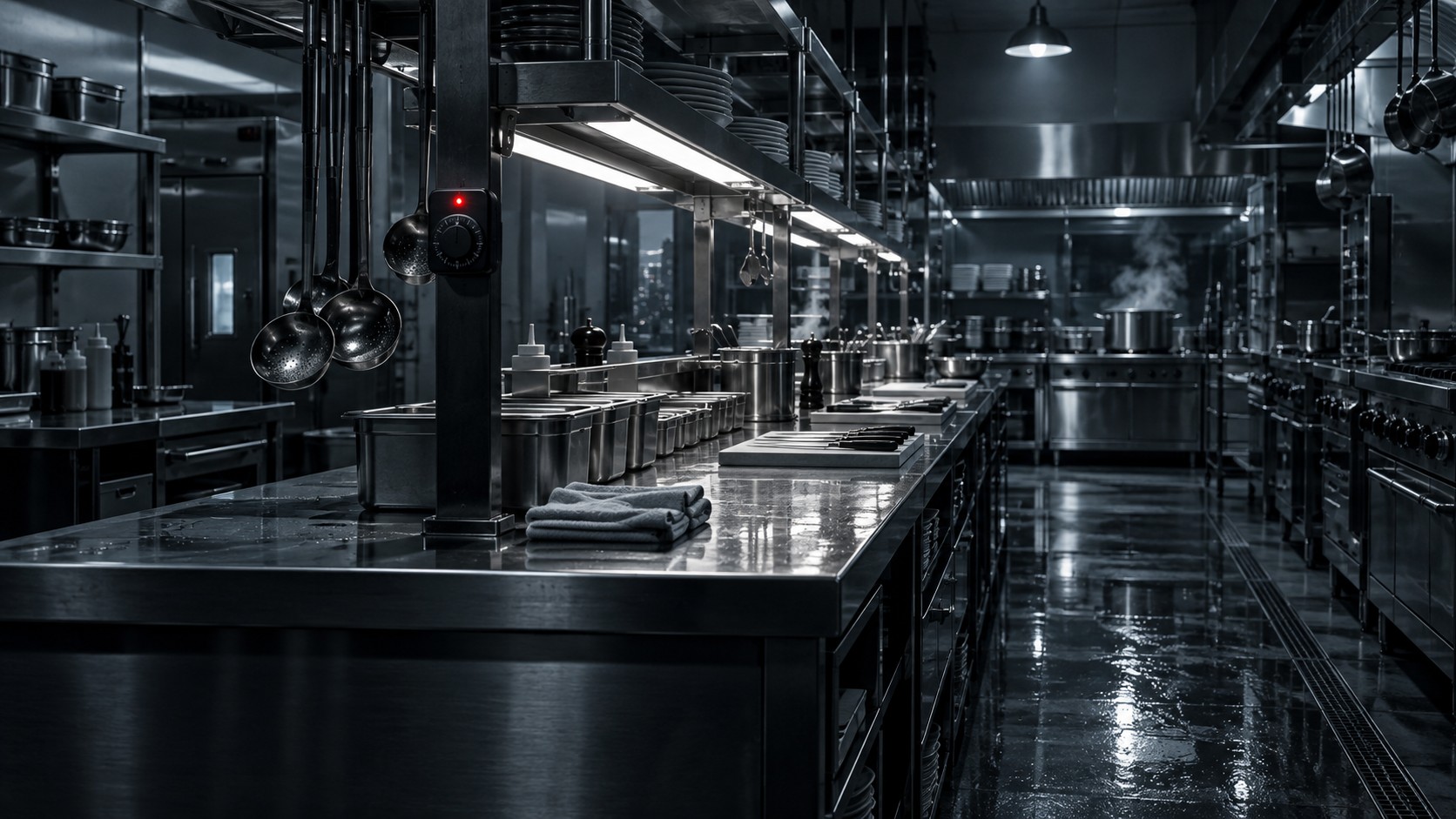 Pass di una cucina professionale prima dell'alba: postazioni pronte, coltelli in fila, pavimento appena lavato; unico colore, la spia rossa di un timer.