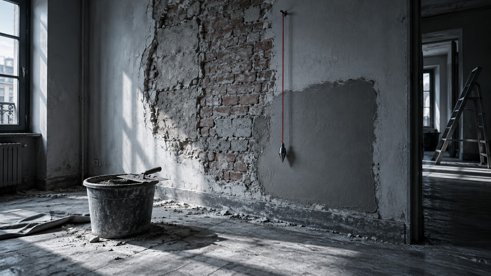 Stanza in ristrutturazione: su una parete l'intonaco scrostato fino al muro nudo, sotto un secchio di malta con la cazzuola; il filo a piombo appeso è rosso.