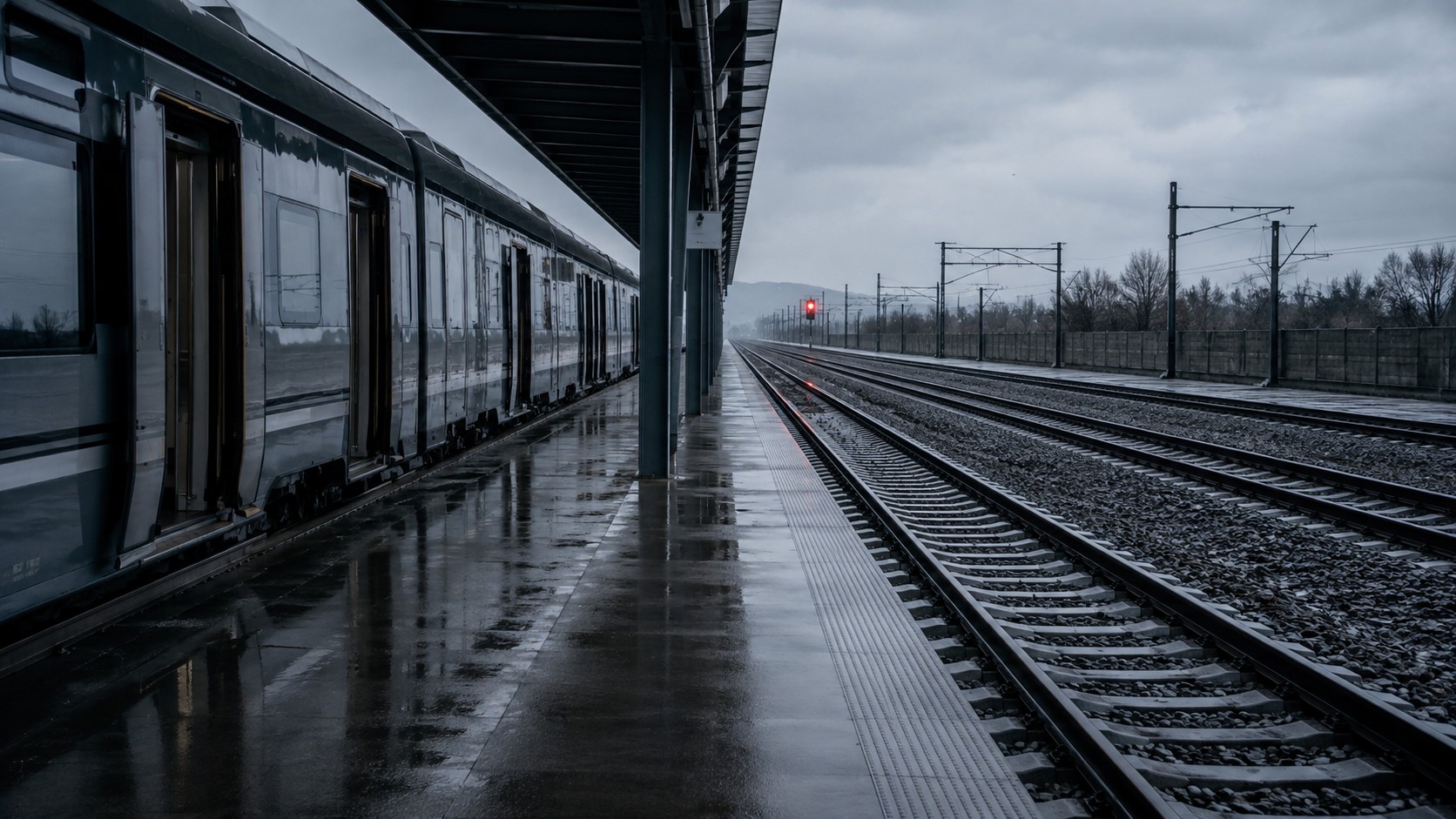 Banchina di stazione vuota con tre binari: un treno fermo con le porte aperte su un binario, gli altri due vuoti; in fondo un solo segnale rosso acceso.