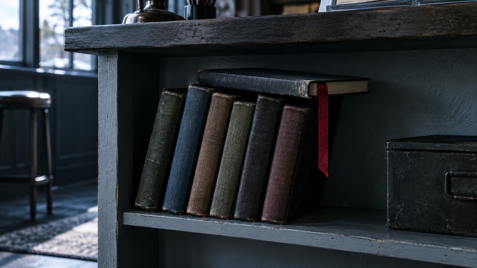 Ripiano dei resi di un piccolo punto prestito: pochi libri appoggiati, uno steso di traverso con un nastro segnalibro rosso che sporge; luce fredda laterale.
