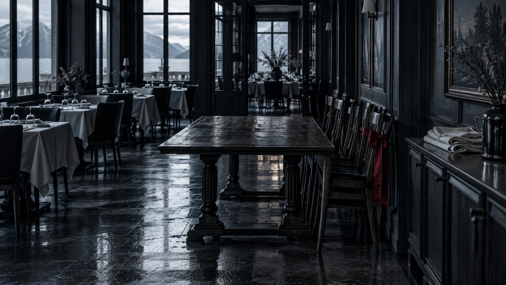 Sala di ristorante prima del servizio: tavoli apparecchiati e un tavolo grande ancora nudo con le sedie impilate accanto; su uno schienale un nastro rosso.