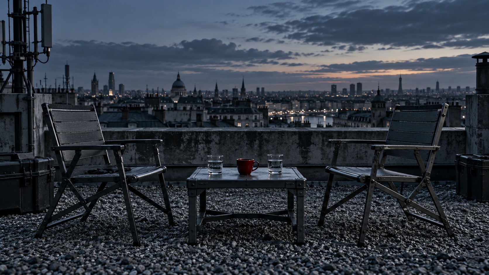 Terrazza sul tetto al crepuscolo: due sedie pieghevoli una di fronte all'altra, un tavolino con due bicchieri d'acqua, i tetti dietro; una tazza rossa in mezzo.