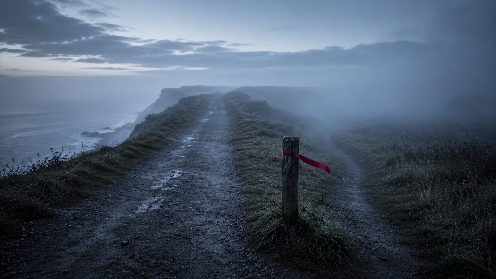 Bivio su un sentiero costiero nella nebbia dell'alba: il sentiero battuto prosegue dritto, una traccia sottile entra nella nebbia; un nastro rosso sul paletto.
