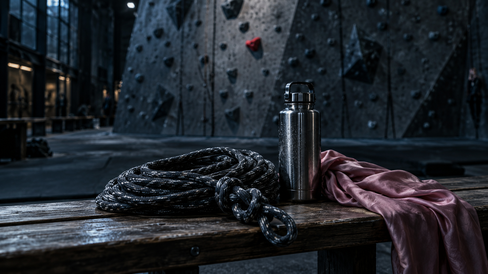 Sala d'arrampicata di sera: su una panca una corda con il nodo a otto, una borraccia e una sciarpa di seta rosa; sulla parete una sola presa rossa a fuoco.