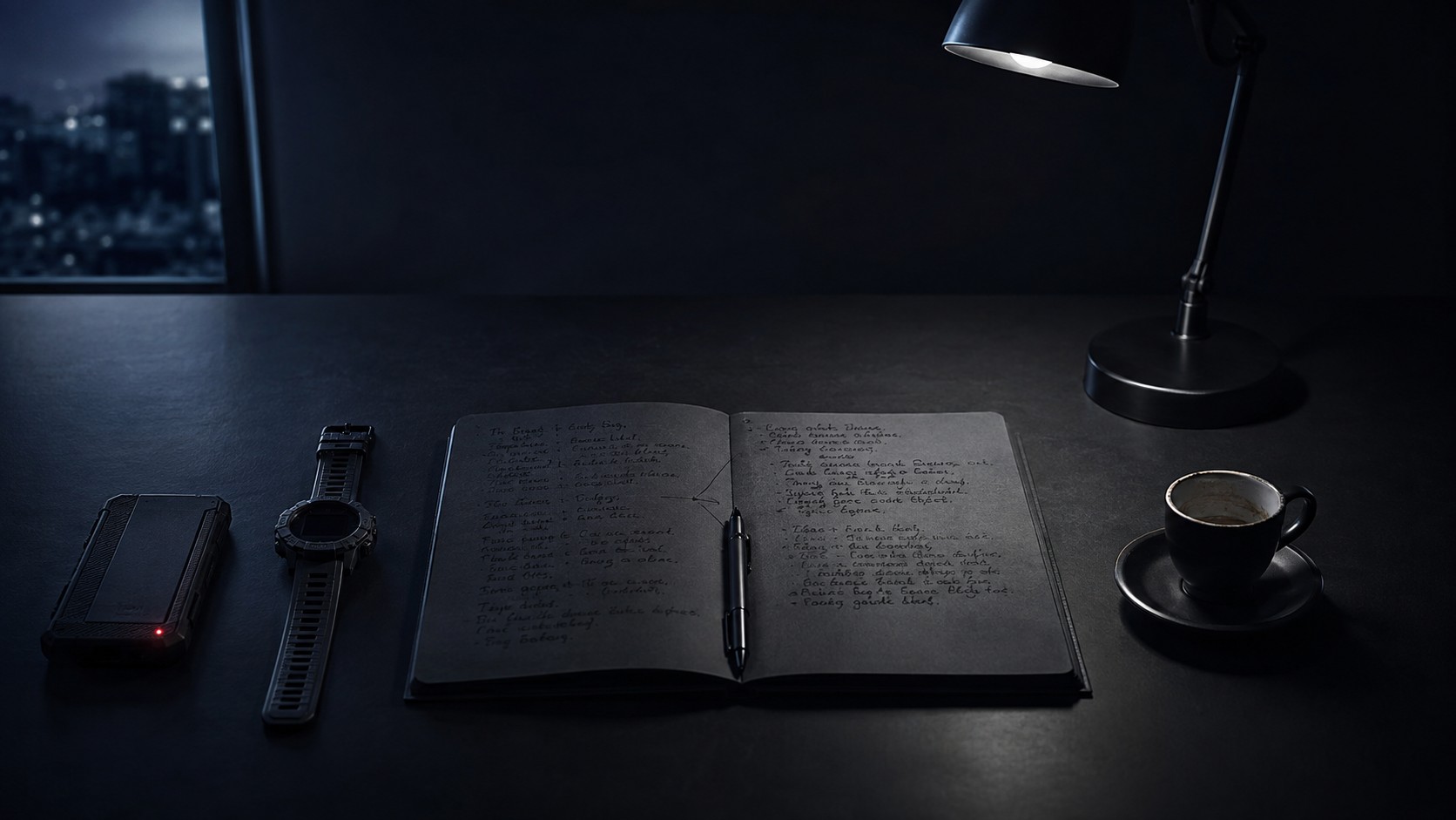 Taccuino aperto su una scrivania notturna, pagina divisa in due colonne di appunti; accanto penna, orologio da polso e uno smartphone capovolto con un LED rosso acceso.