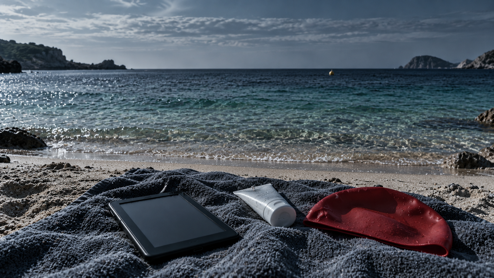 Spiaggia al mattino: un asciugamano con un lettore e-book spento, la crema solare e una cuffia rossa; davanti, il mare a strati fino a una boa gialla lontana.