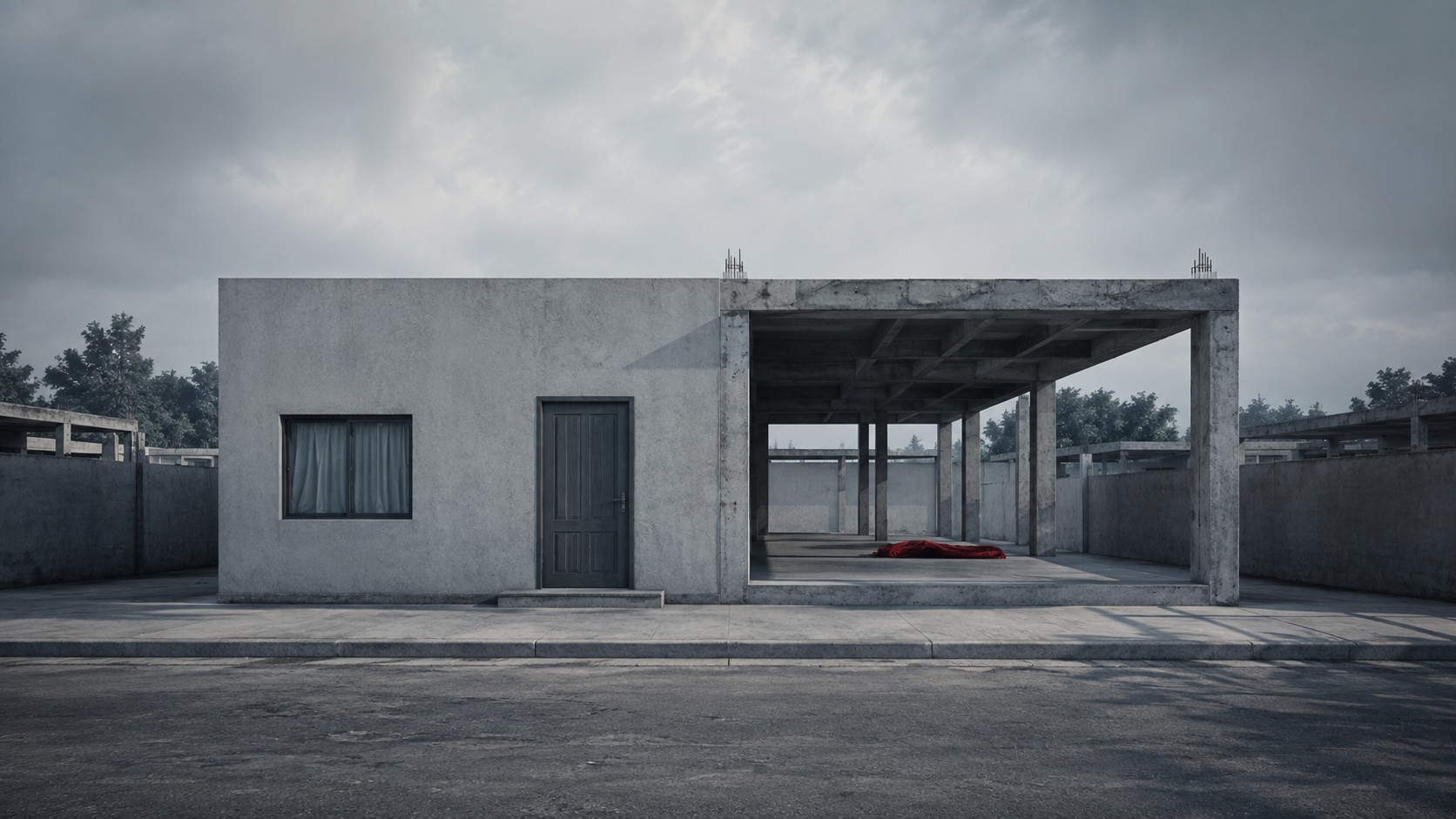 Casa bassa in calcestruzzo costruita a metà: la parte sinistra finita con porta e finestra, la destra un telaio aperto; a terra un telo rosso piegato.
