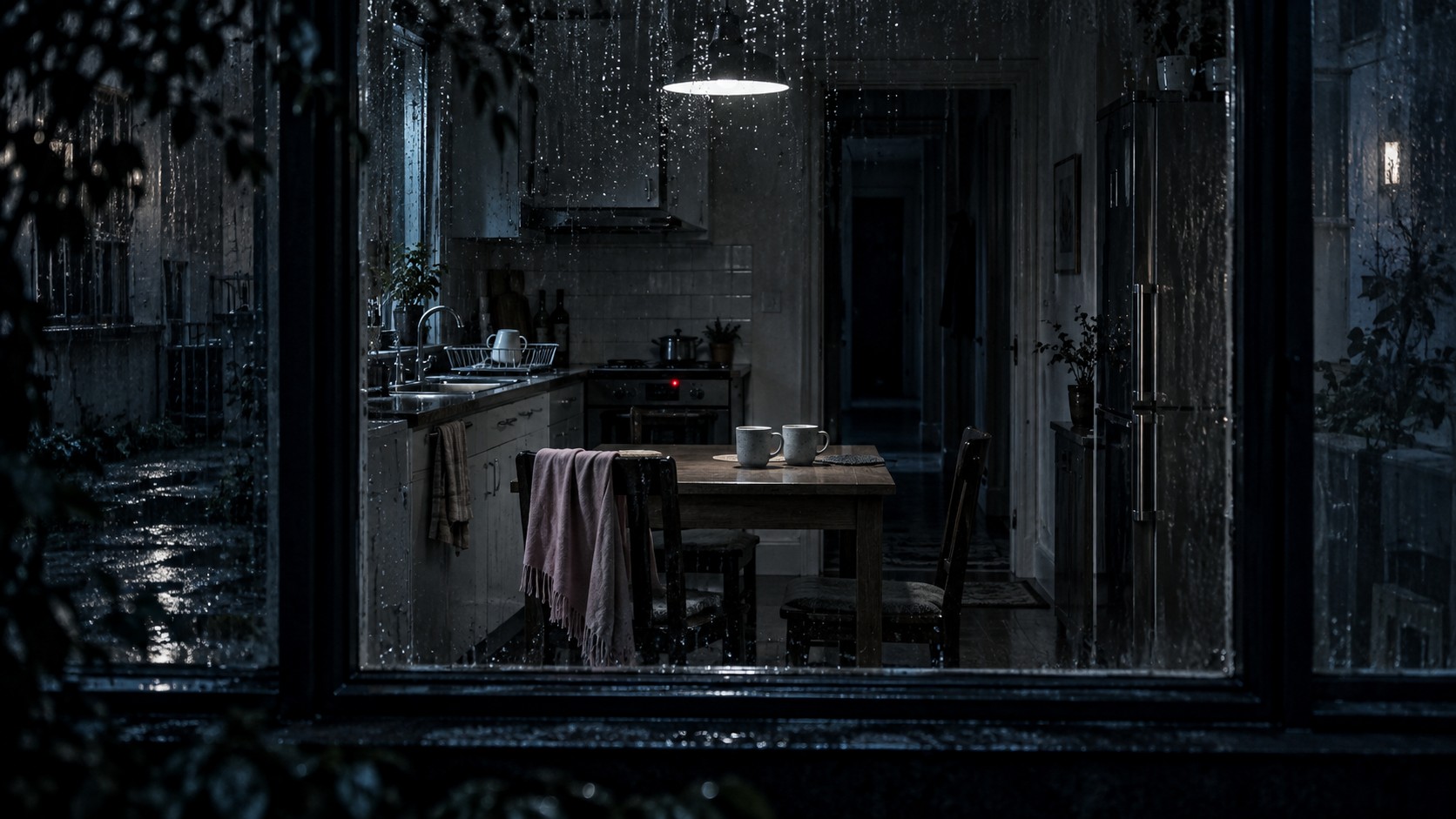 Cucina di notte dalla finestra del cortile: due tazze sul tavolo, una terza sullo scolapiatti, una sciarpa di seta rosa su una sedia, la spia rossa del forno.