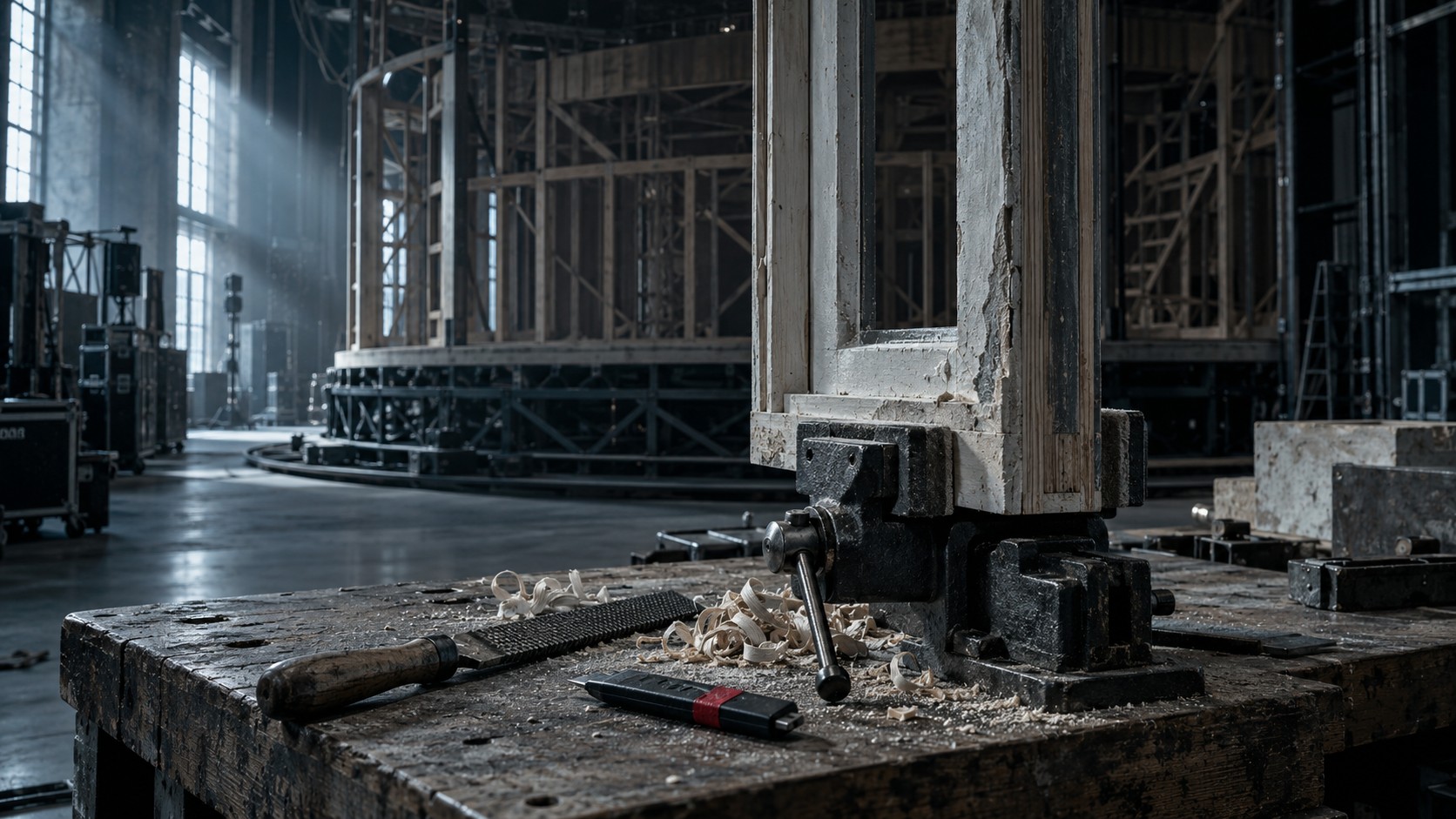 Banco di un laboratorio teatrale: una cornice di finta finestra nel morsetto, trucioli, una raspa; dietro una struttura girevole nuda; nastro rosso sul cutter.