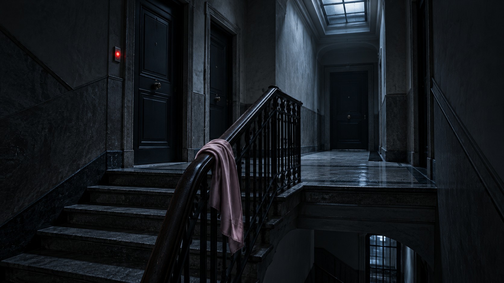 Scala di un palazzo di notte: pianerottolo con due porte affiancate e una terza in fondo, luce fredda dal lucernario; sciarpa di seta rosa sul corrimano.