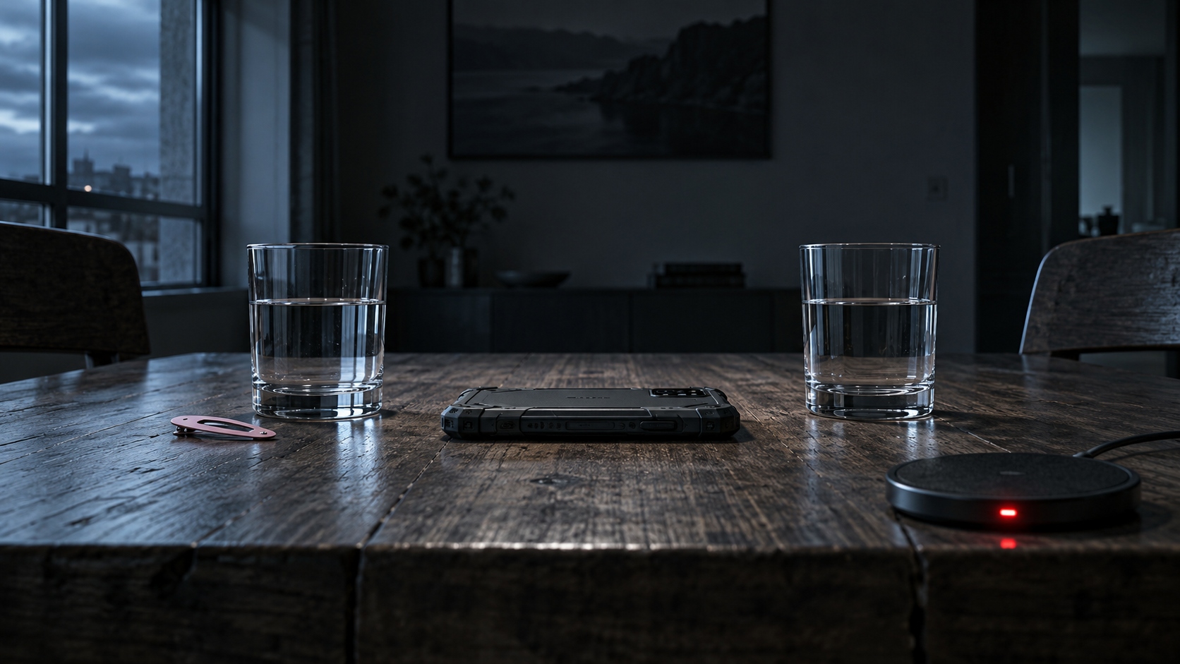 Tavolo di legno in una stanza serale, due bicchieri d'acqua e un telefono a faccia in giù fra i due; una forcina per capelli appoggiata accanto a un bicchiere.
