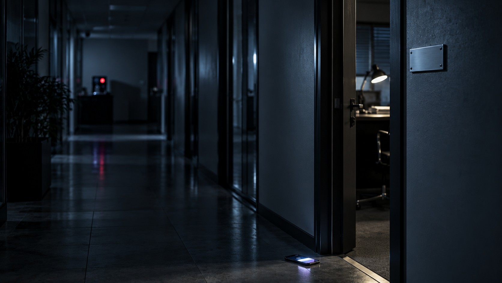 Corridoio di uffici di notte: una piccola targa appena montata accanto a una porta socchiusa con la luce accesa; a terra uno smartphone che si illumina.